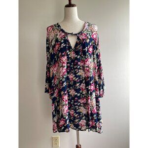 Umgee Navy/Pink Floral Print Bell Sleeve Dress Womens XL Boho Flowy Knee Length
